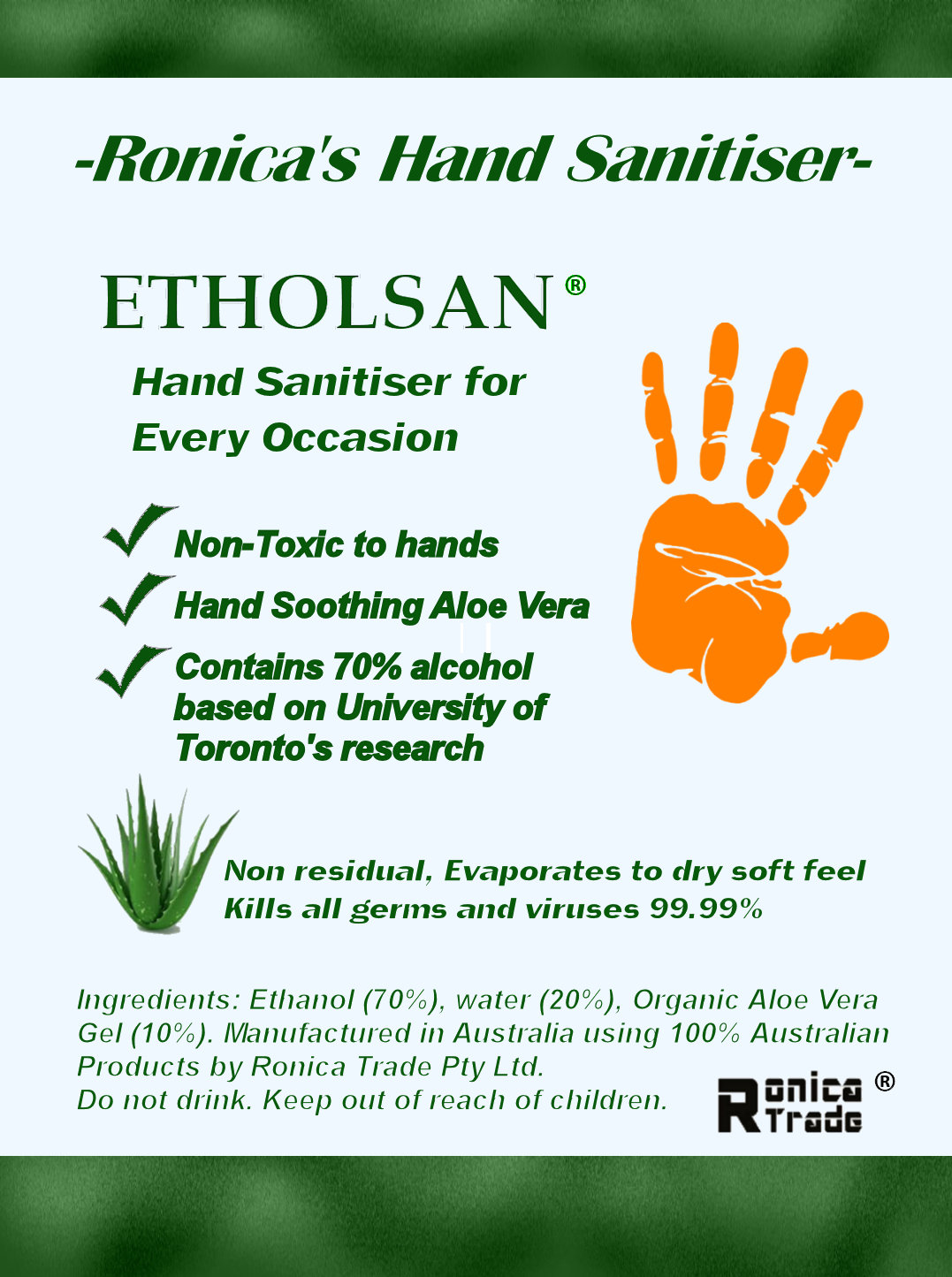 Ronica's Hand Sanitiser Lable